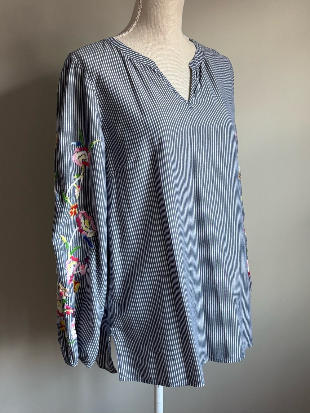 Talbots Striped Peasant Blouse with Embroidered Sleeves - Picture 3 of 8